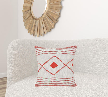 20" X 20" Red And White 100% Cotton Coastal Zippered Pillow