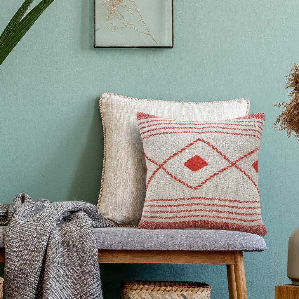 20" X 20" Red And White 100% Cotton Coastal Zippered Pillow