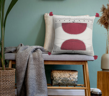 20" X 20" White Black And Burgundy 100% Cotton Geometric Zippered Pillow