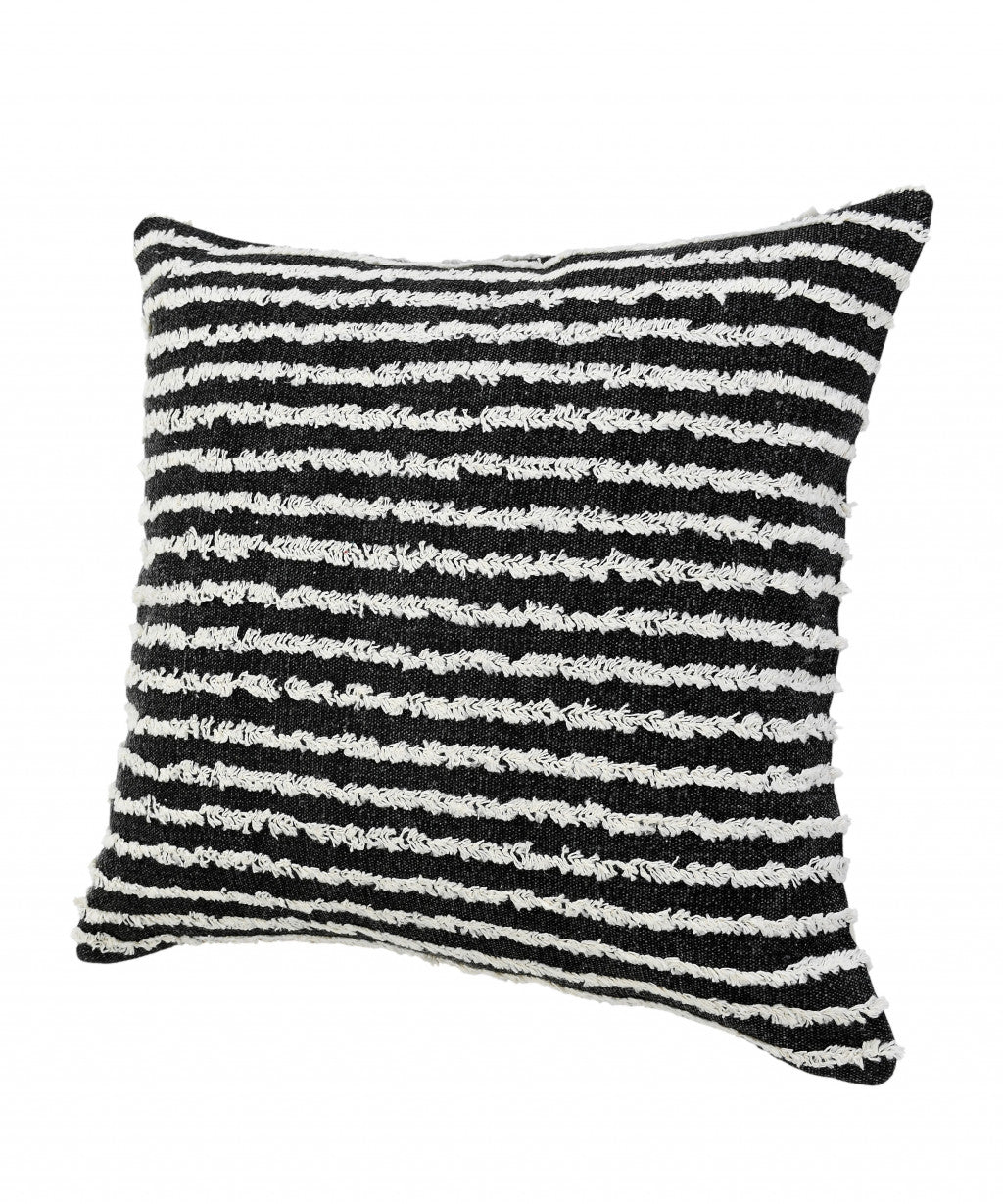 20" X 20" Black And Cream 100% Cotton Striped Zippered Pillow