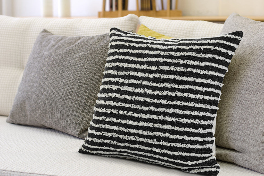 14" X 36" Black And Cream 100% Cotton Striped Zippered Pillow