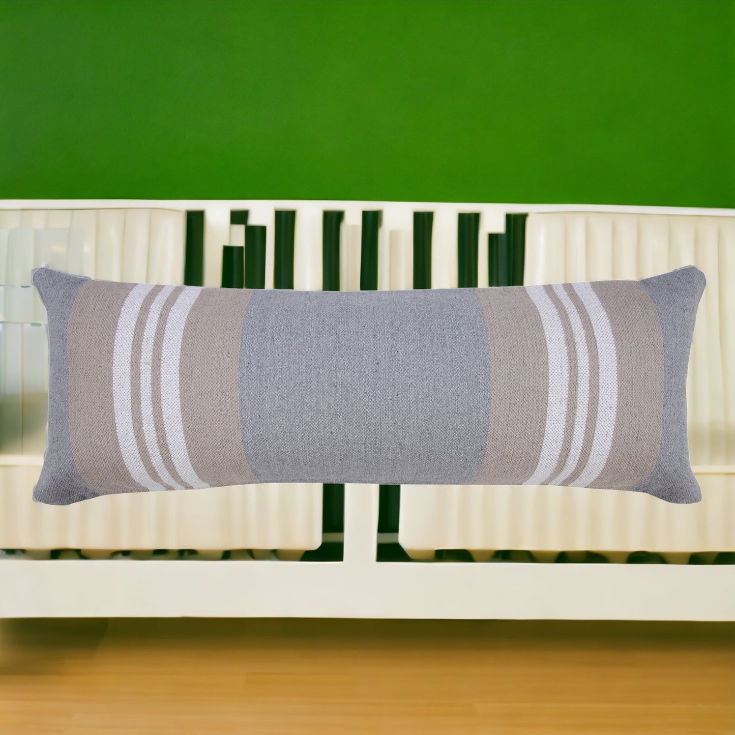 14" X 36" Beige and Gray Striped Cotton Zippered Pillow