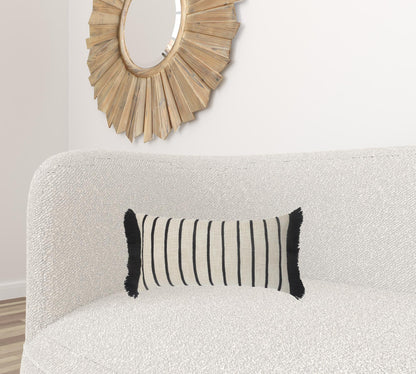 12" X 28" Ivory And Black 100% Cotton Striped Zippered Pillow