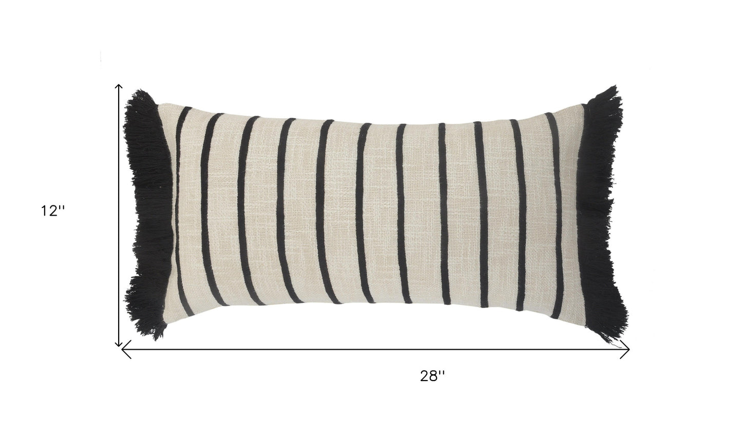 12" X 28" Ivory And Black 100% Cotton Striped Zippered Pillow