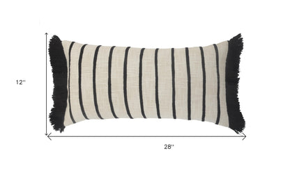 12" X 28" Ivory And Black 100% Cotton Striped Zippered Pillow