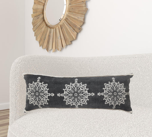 14" X 36" Dark Gray And White 100% Cotton Geometric Zippered Pillow