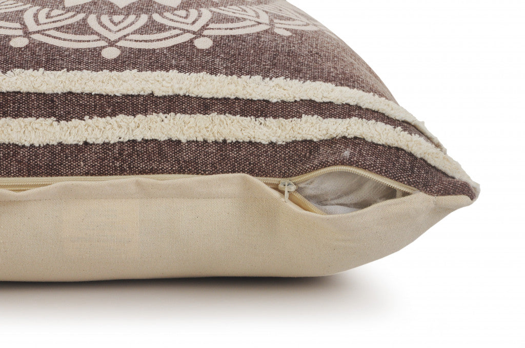 14" X 36" Brown And White 100% Cotton Striped Zippered Pillow