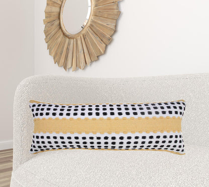 14" X 36" Yellow Black And White 100% Cotton Striped Zippered Pillow