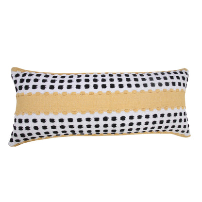 14" X 36" Yellow Black And White 100% Cotton Striped Zippered Pillow