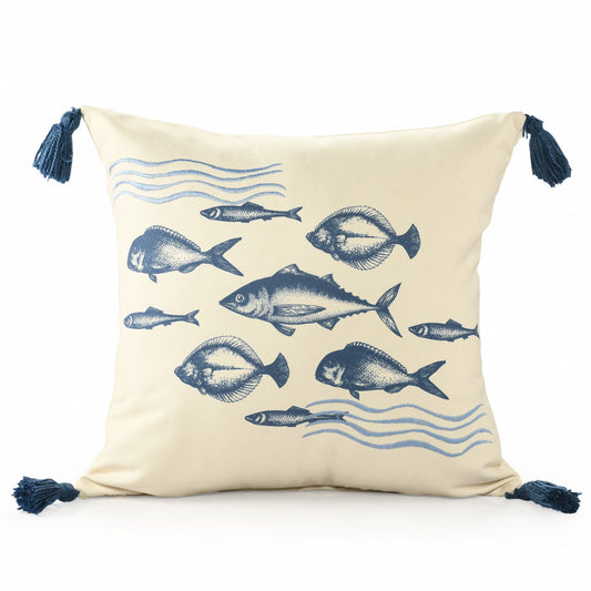 20" Blue and Beige Fish Throw Pillow