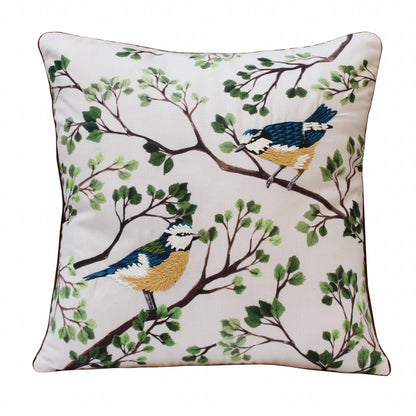 20" X 20" Green Blue And Off-White Bird Polyester Animal Print Zippered Pillow