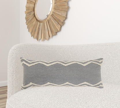 14" X 36" Grey And Off-White 100% Cotton Chevron Zippered Pillow