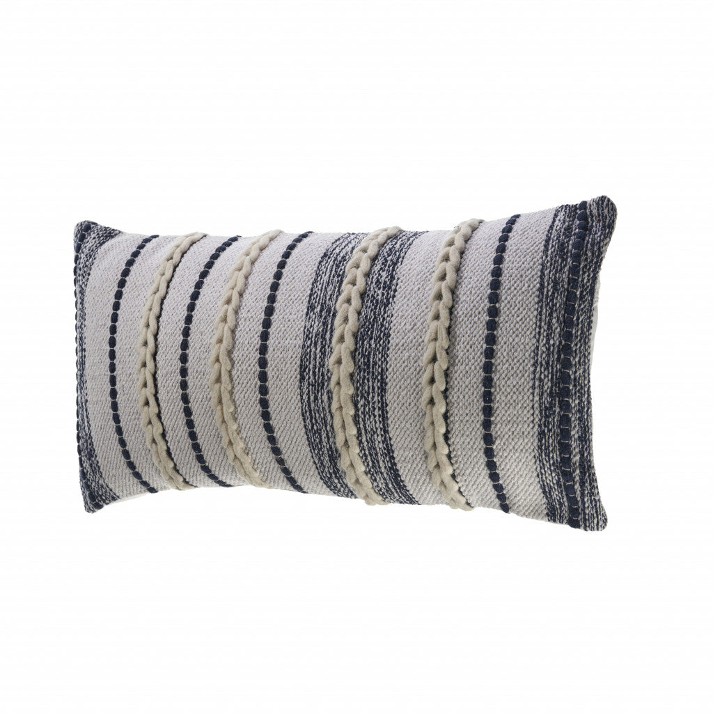 14" X 28" Navy And White 100% Cotton Geometric Zippered Pillow