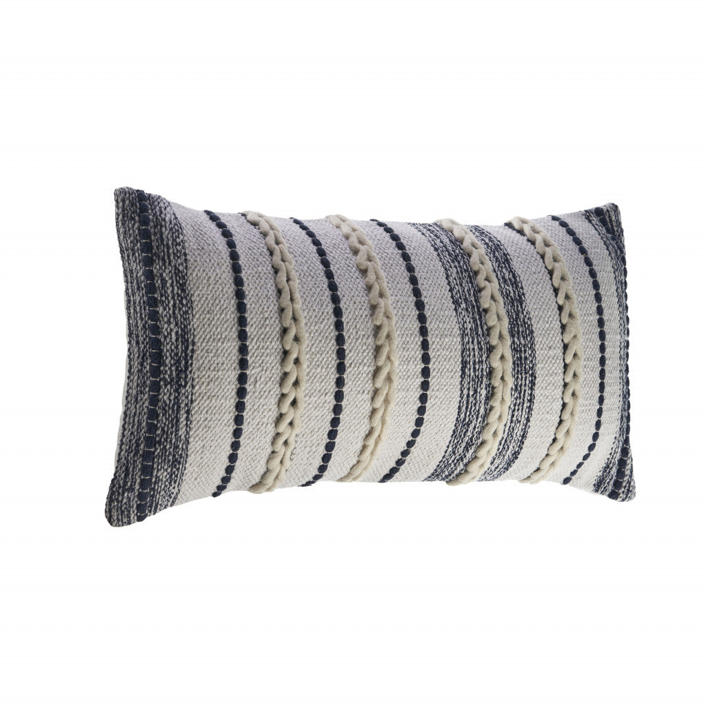 14" X 28" Navy And White 100% Cotton Geometric Zippered Pillow