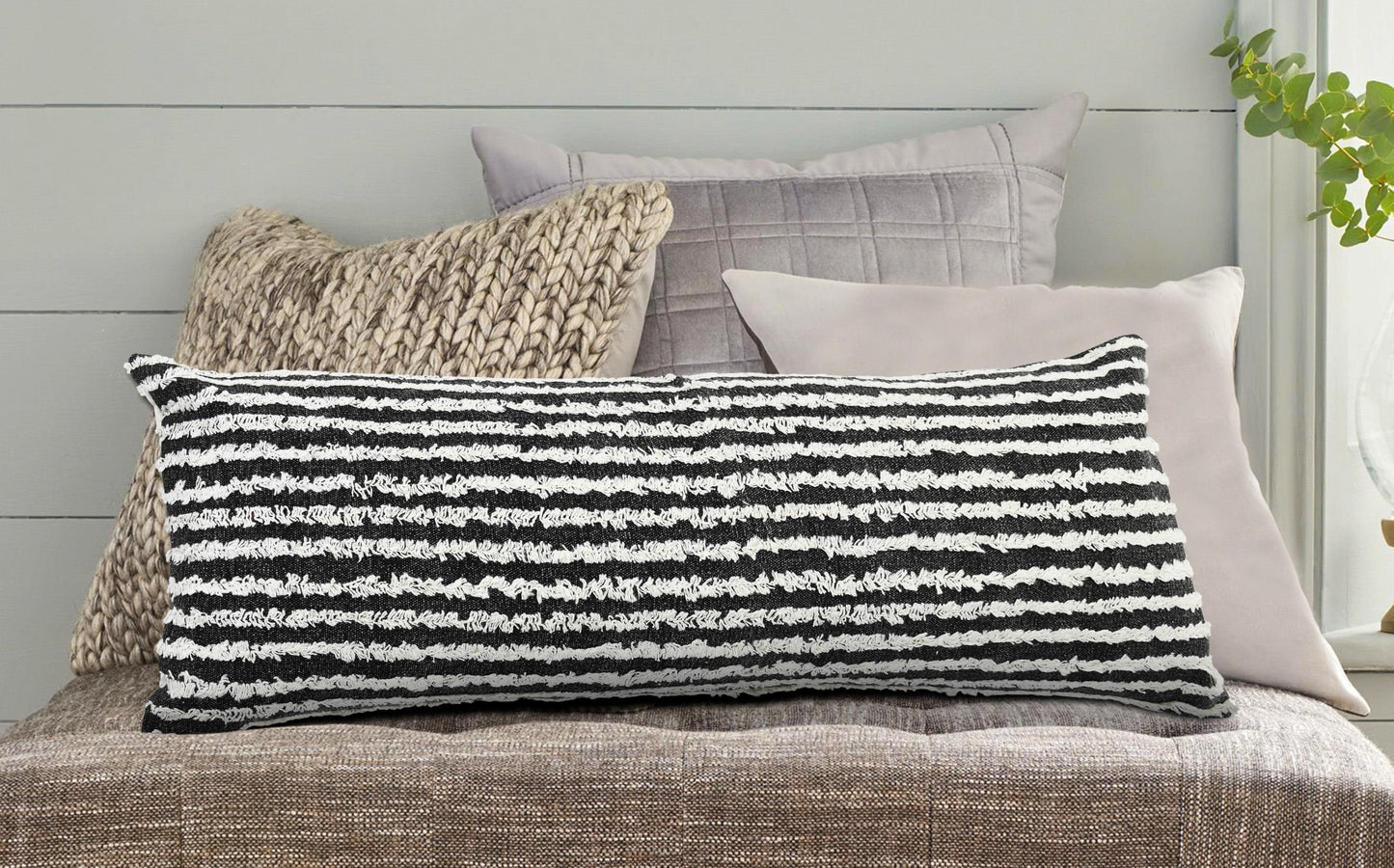 20" X 20" Black And Cream 100% Cotton Striped Zippered Pillow