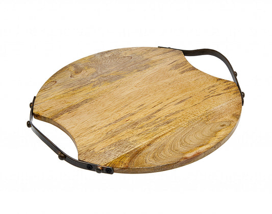 13" Natural Brown Round Wood and Metal Tray