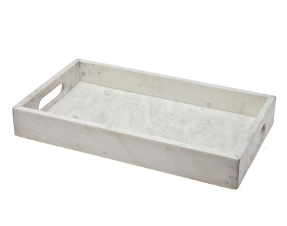 14" White Rectangular Marble Serving Tray With Handles