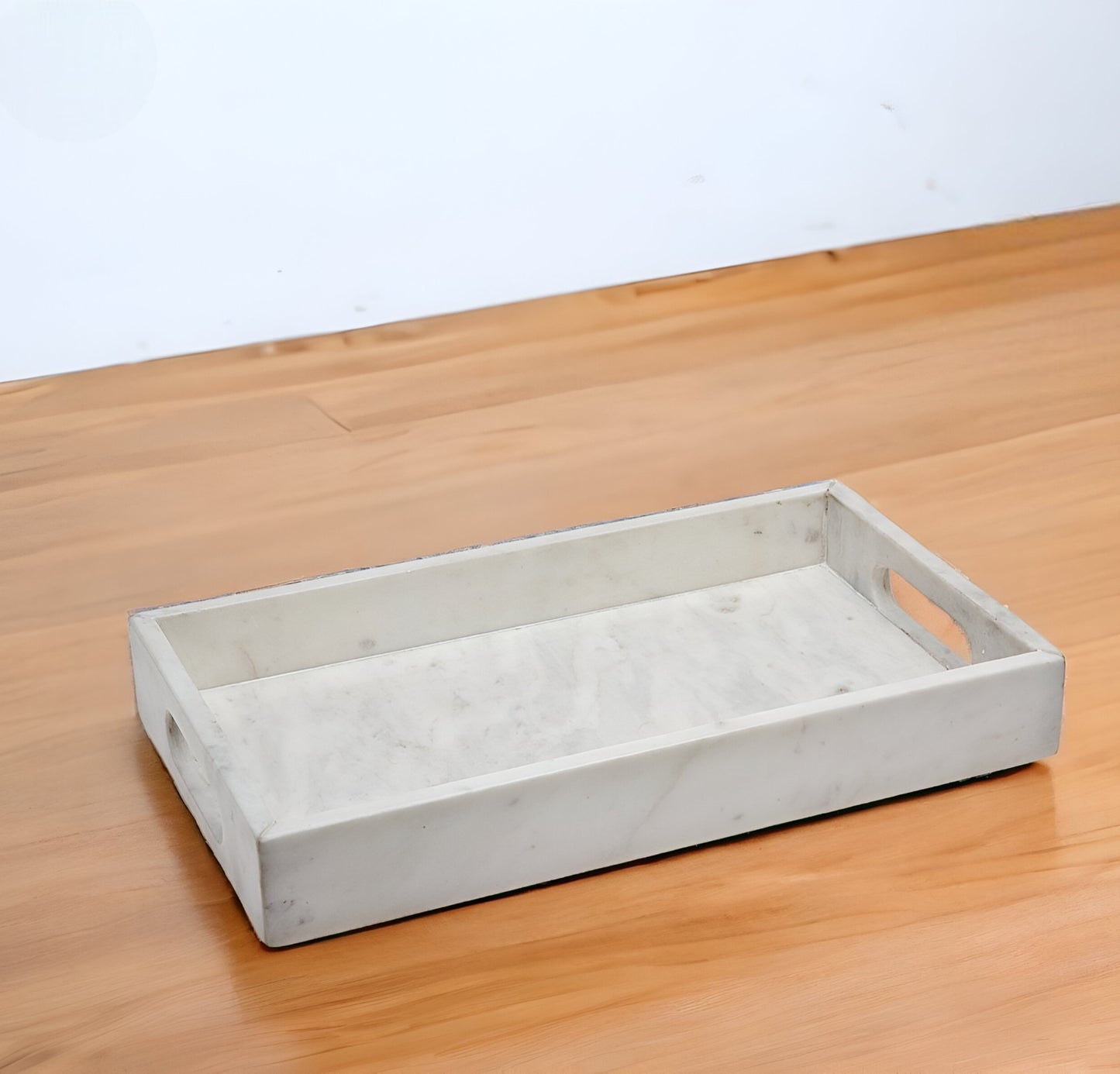 14" White Rectangular Marble Serving Tray With Handles