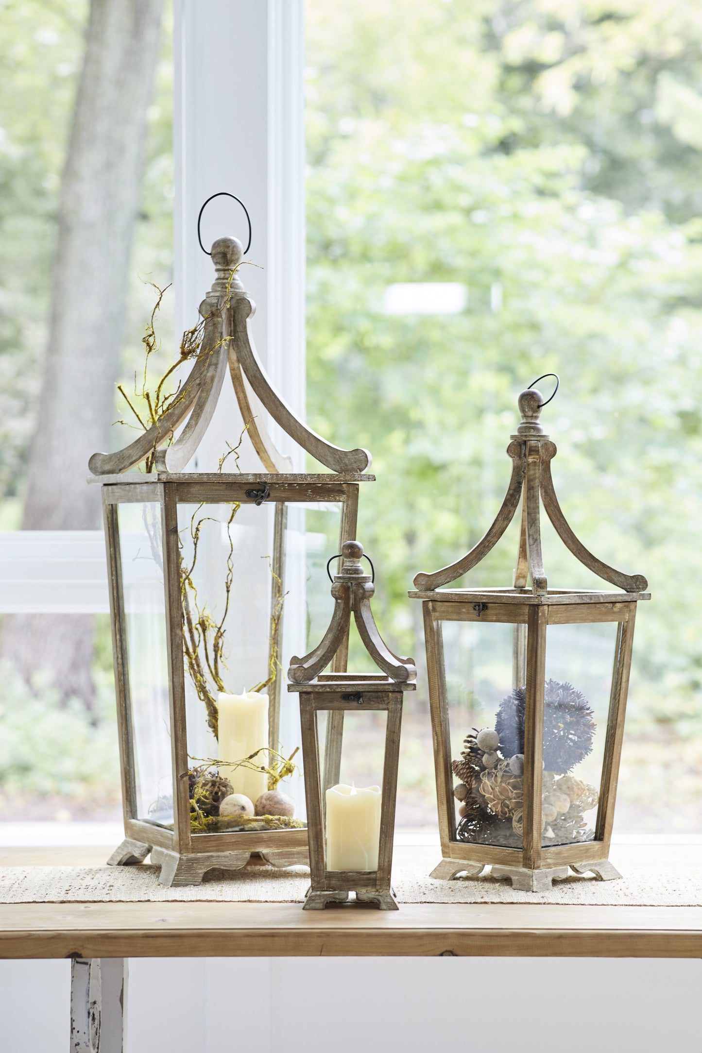 Set Of Three Brown Flameless Floor Lantern Candle Holder