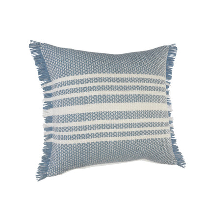 24" Blue and Off White Striped Indoor Outdoor Throw Pillow With Fringe