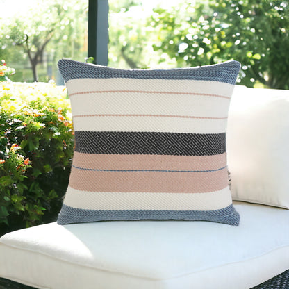 24" X 24" White Zippered Striped Indoor Outdoor Throw Pillow