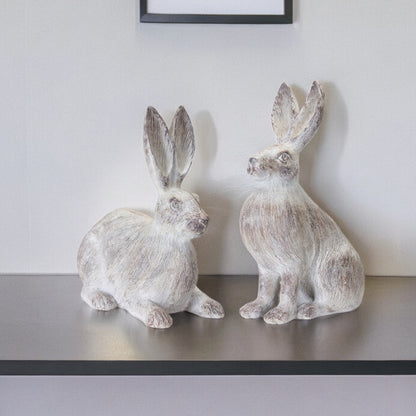 Set of Two 17" White Washed Polyresin Rabbit Figurine Tabletop Sculpture