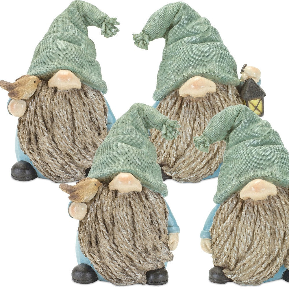 Set of Four Blue and Green Polyresin Garden Gnome Tabletop Sculptures