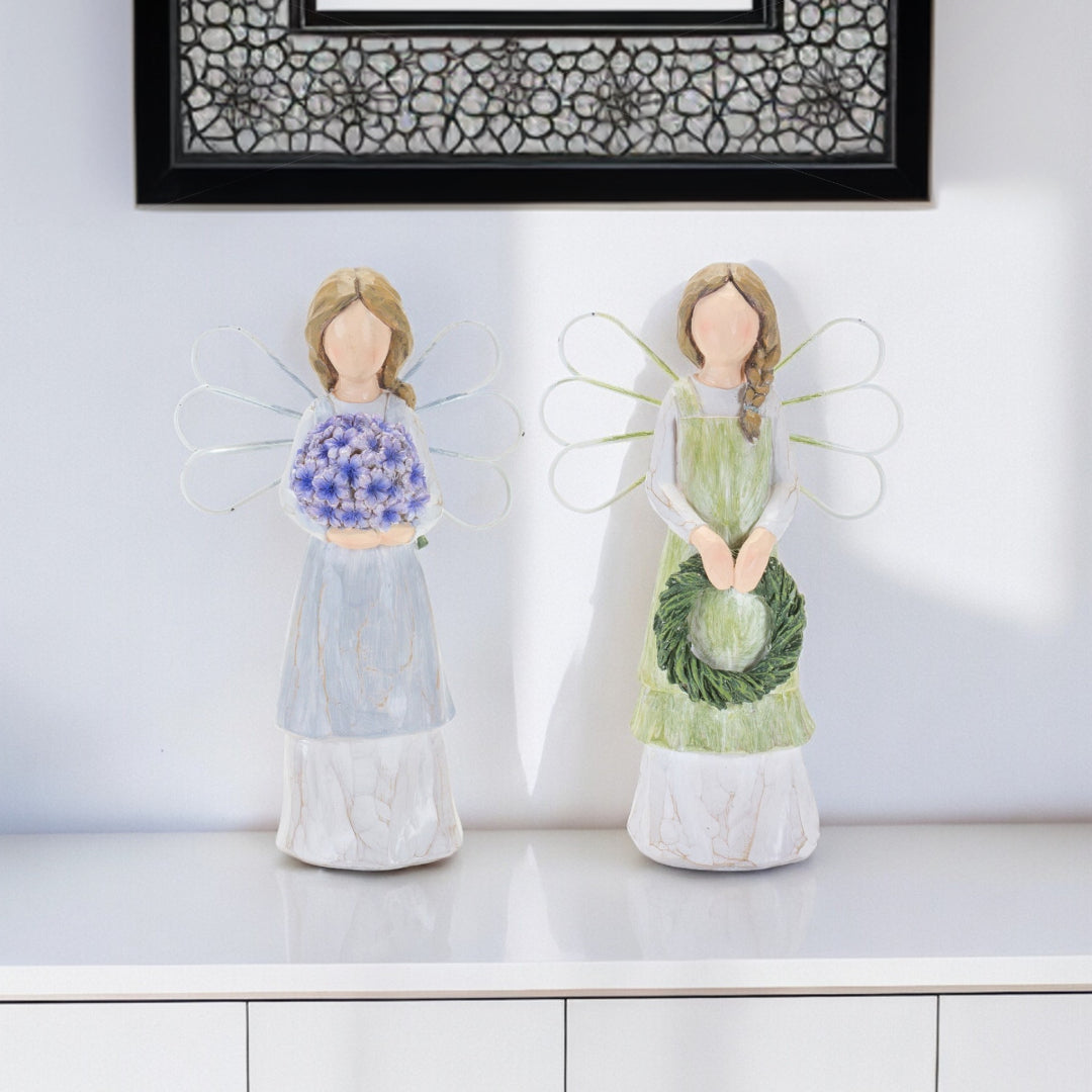 Set Of Two 7" Green Polyresin Angel Figurine