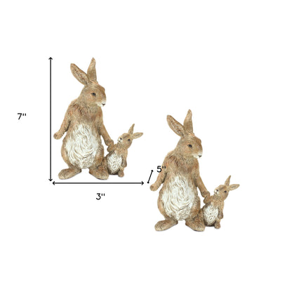 Set Of Two 7" Brown and White Polyresin Rabbit Figurine