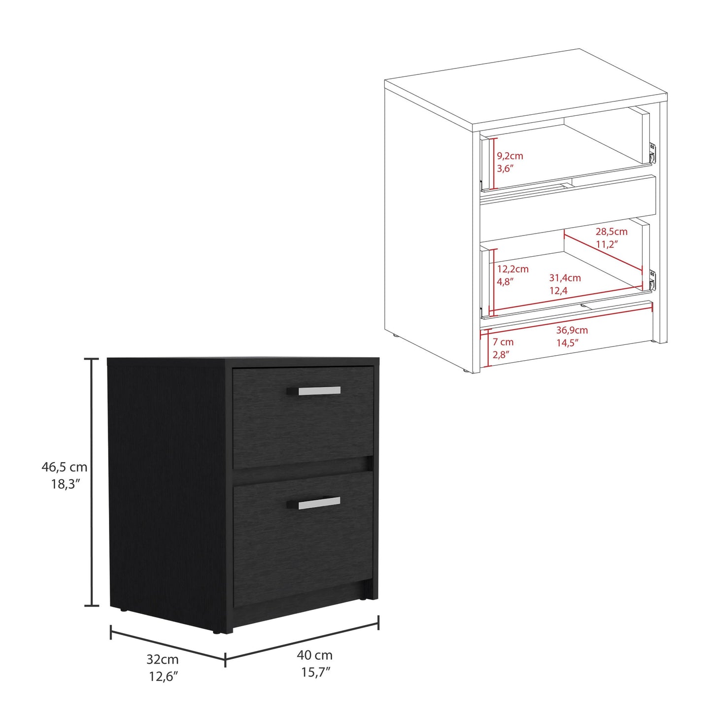 19" Black Two Drawer Nightstand