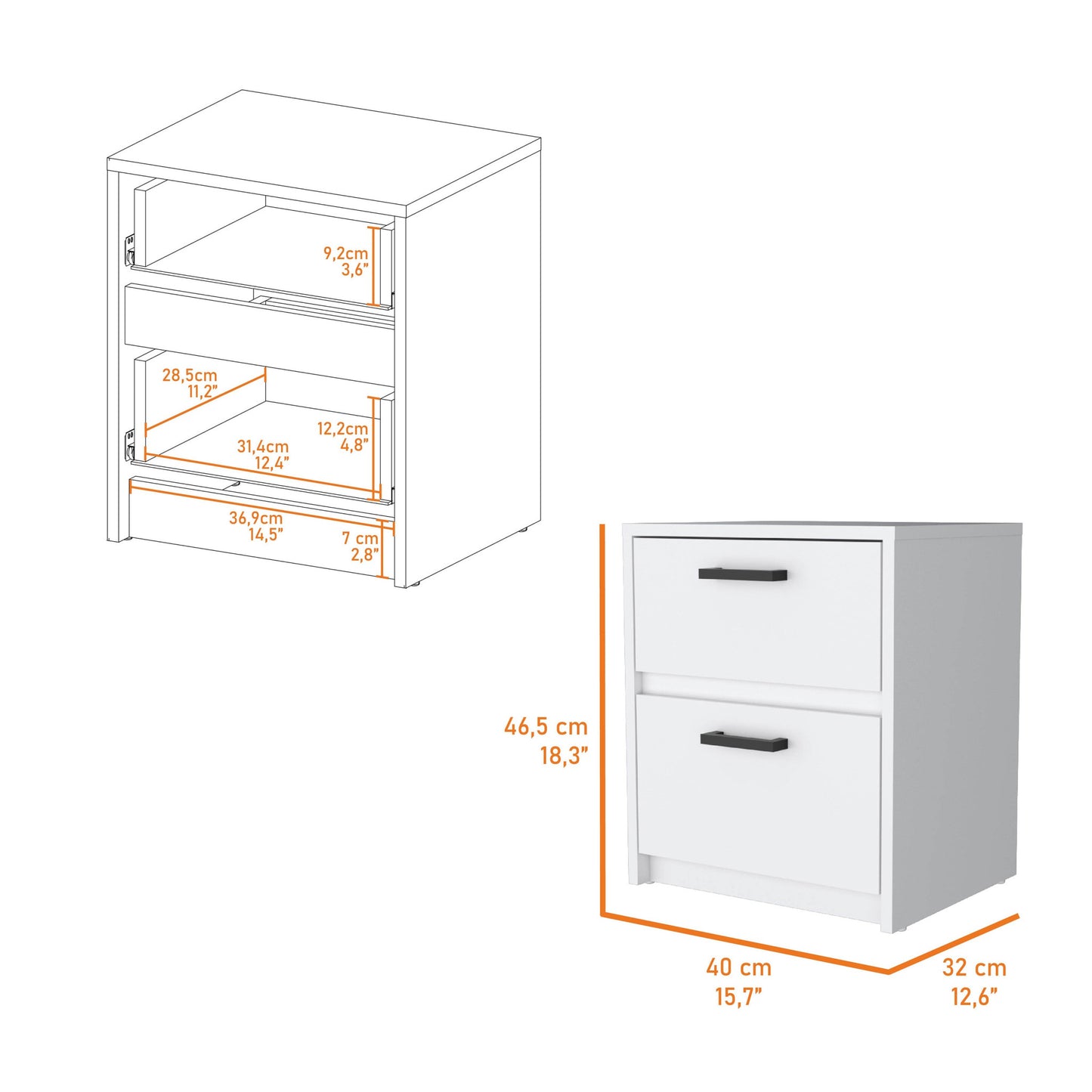 19" White Two Drawer Nightstand With Integrated Tech