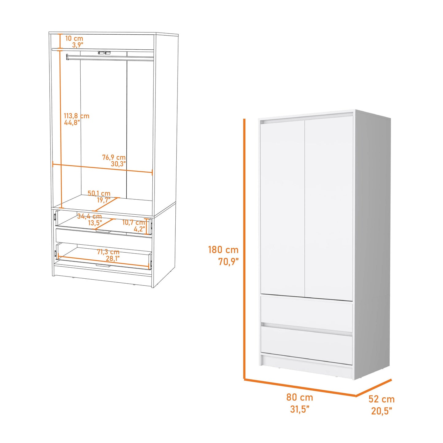 32" White Accent Cabinet Soft Close With Multiple Shelves And Two Drawers