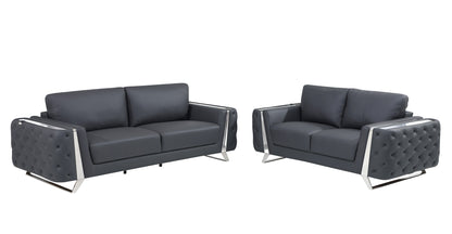 Two Piece Indoor Dark Gray Italian Leather Five Person Seating Set