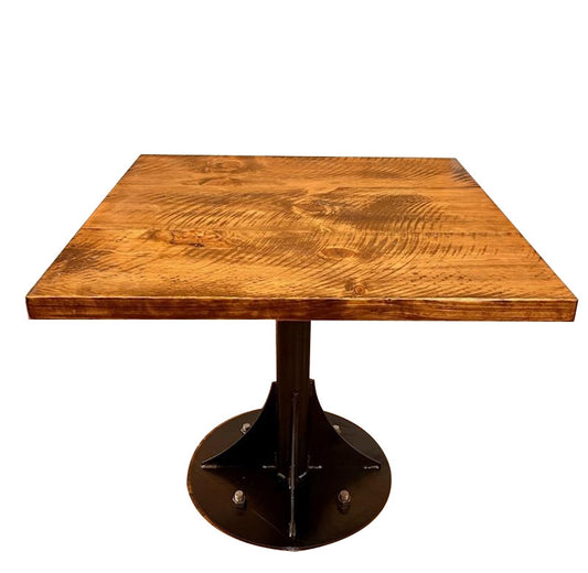 36" Brown And Black Square Solid Wood And Steel Pedestal Base Dining Table