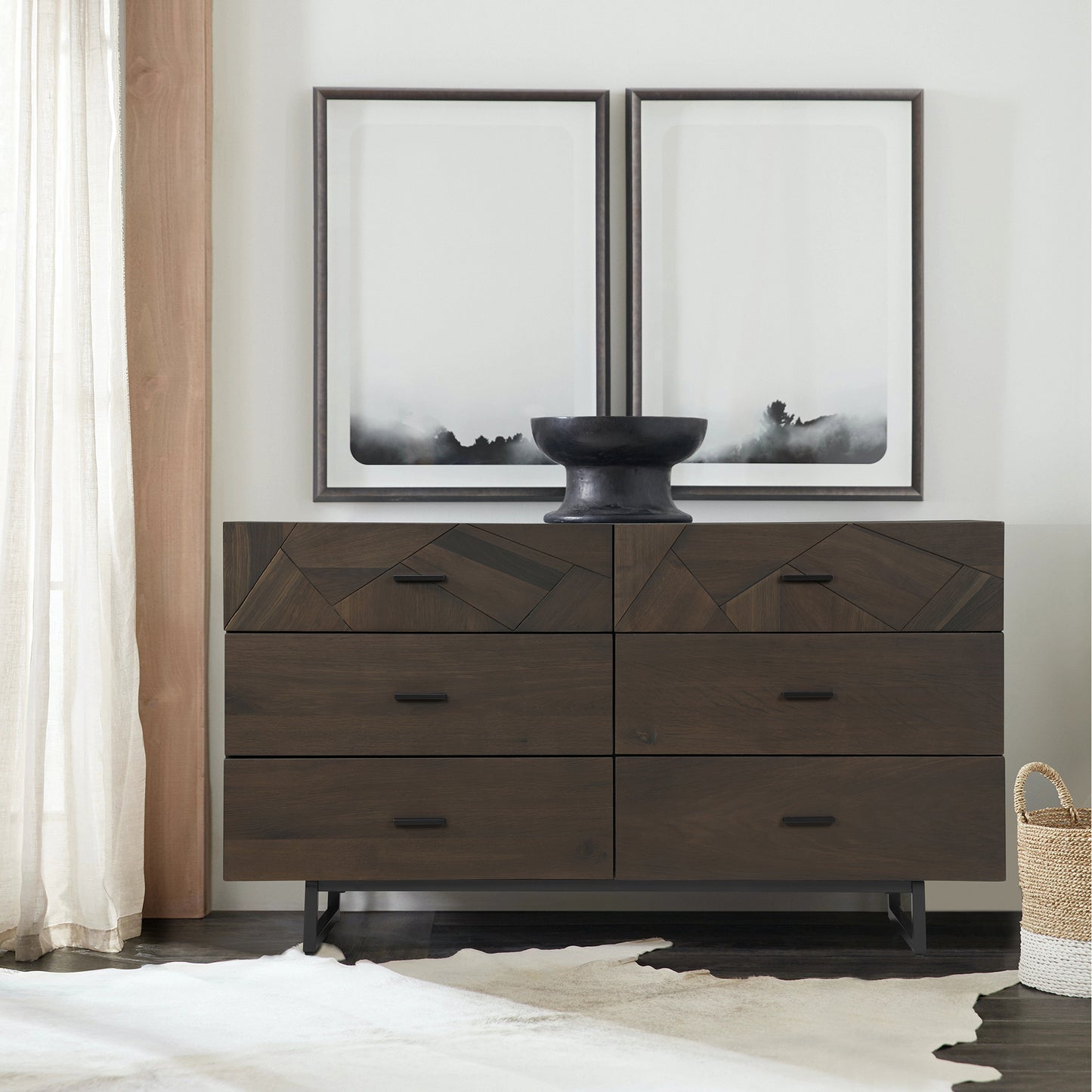 60" Dark Brown Solid Wood Six Drawer Double Dresser