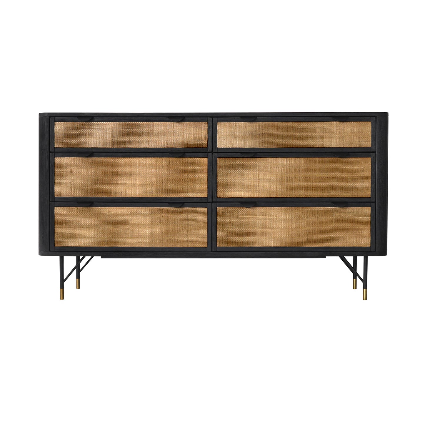 61" Natural and Black Solid Wood Six Drawer Double Dresser