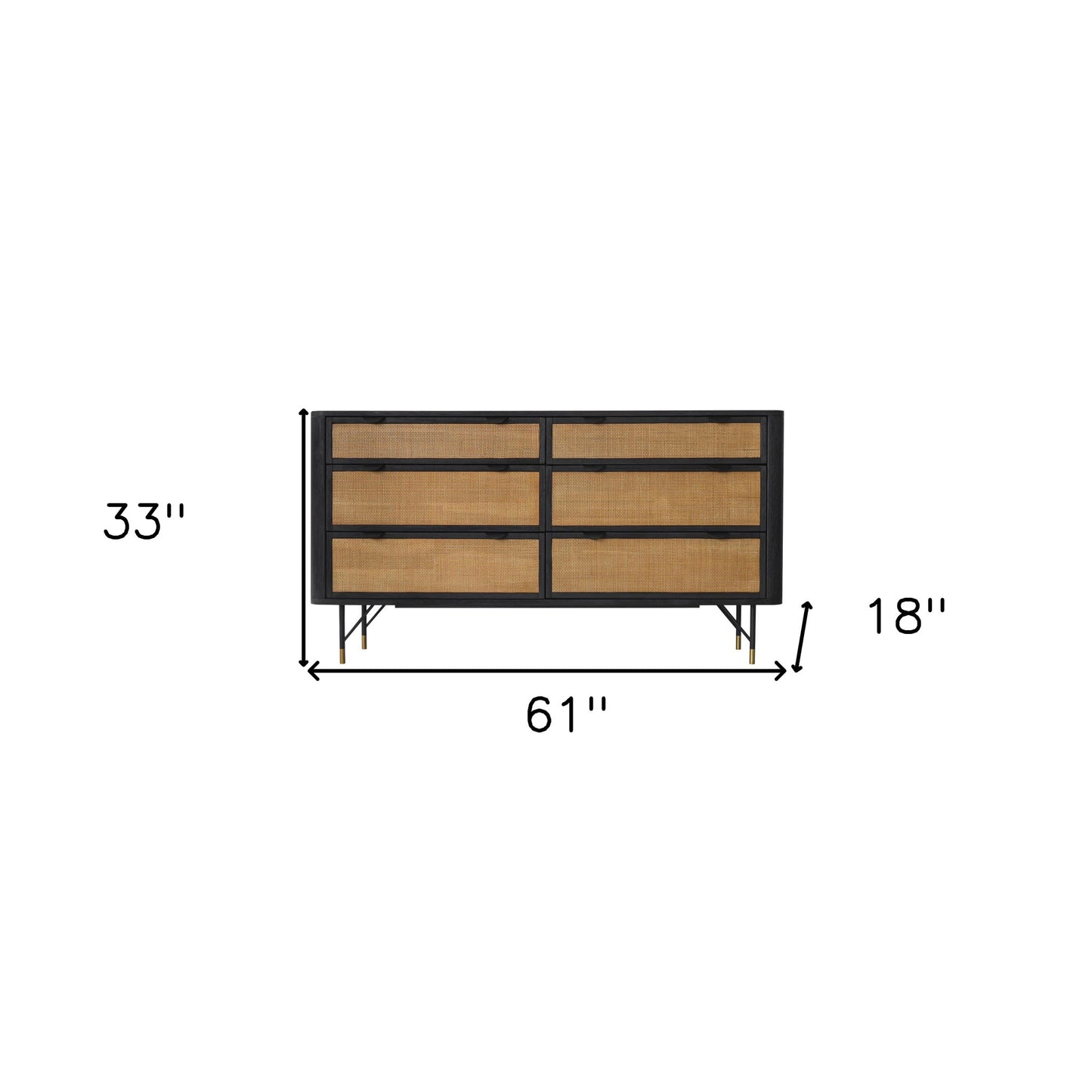 61" Natural and Black Solid Wood Six Drawer Double Dresser