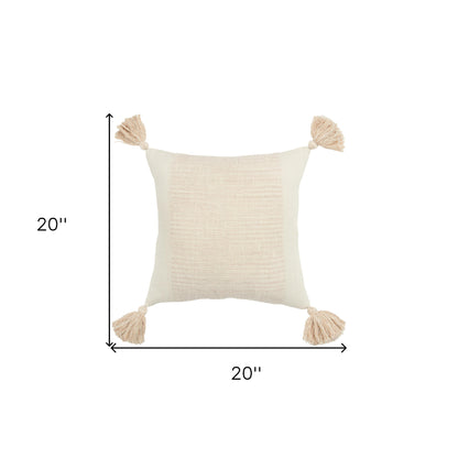 20" Pink and Ivory Cotton Pillow With Tassels Edges