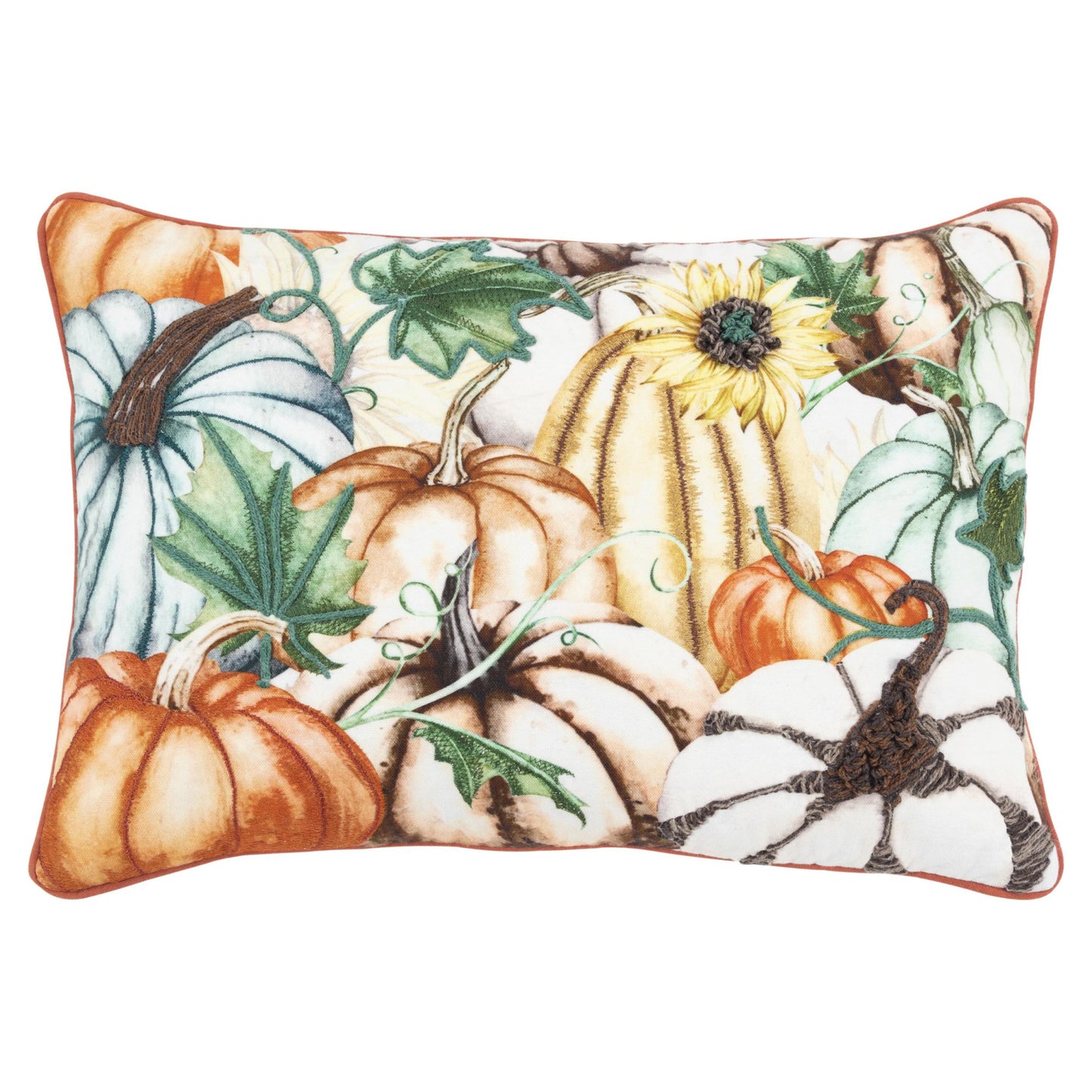 14" X 20" Orange and Ivory Thanksgiving Cotton Pillow With Embroidery Edges