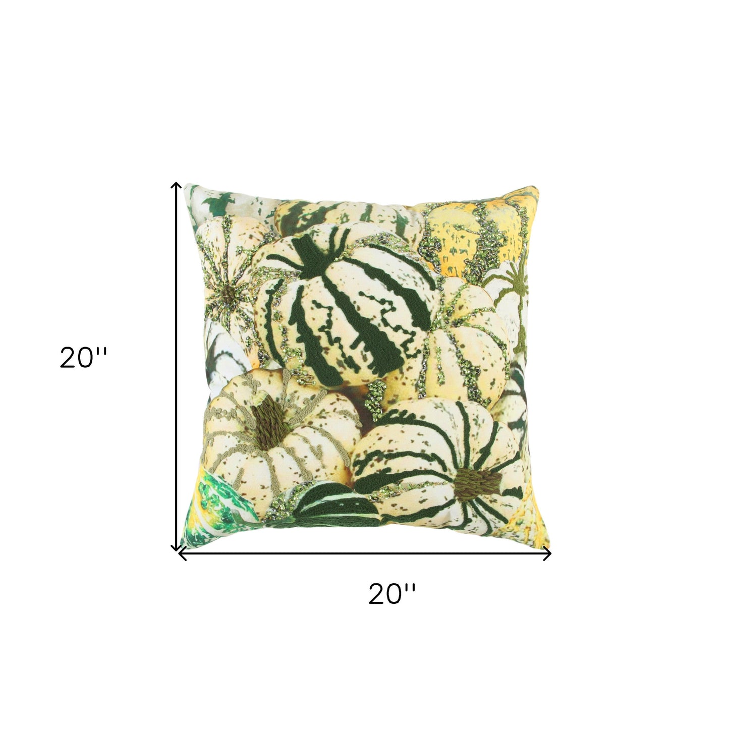 20" Green and White Thanksgiving Cotton Pillow With Embroidery, Beads Edges