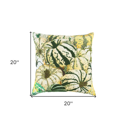 20" Green and White Thanksgiving Cotton Pillow With Embroidery, Beads Edges