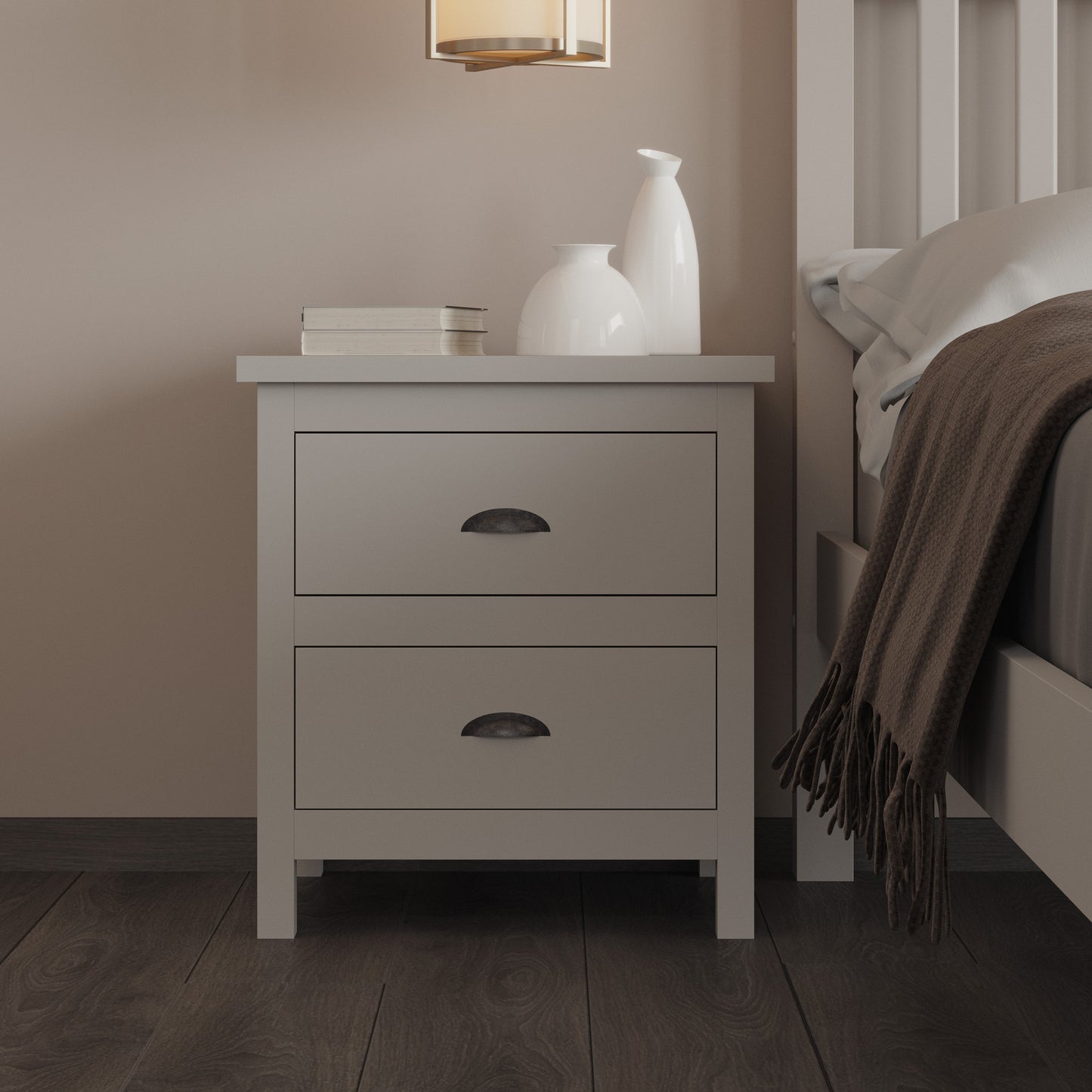 16" Gray Two Drawer Solid Wood Nightstand