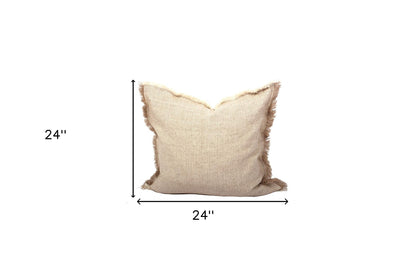 Set of Two 24" Taupe Herringbone Cotton Throw Pillow With Fringe