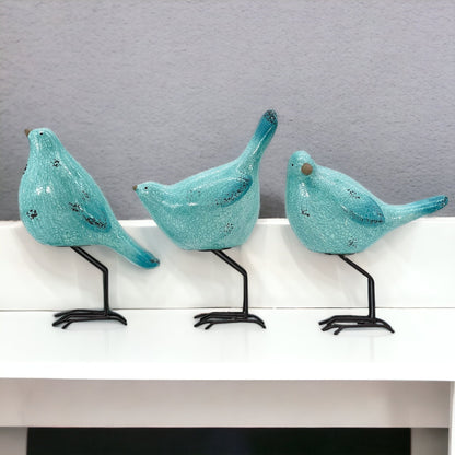 Set of Three Robins Egg Blue Polyresin and Metal Bird Sculptures