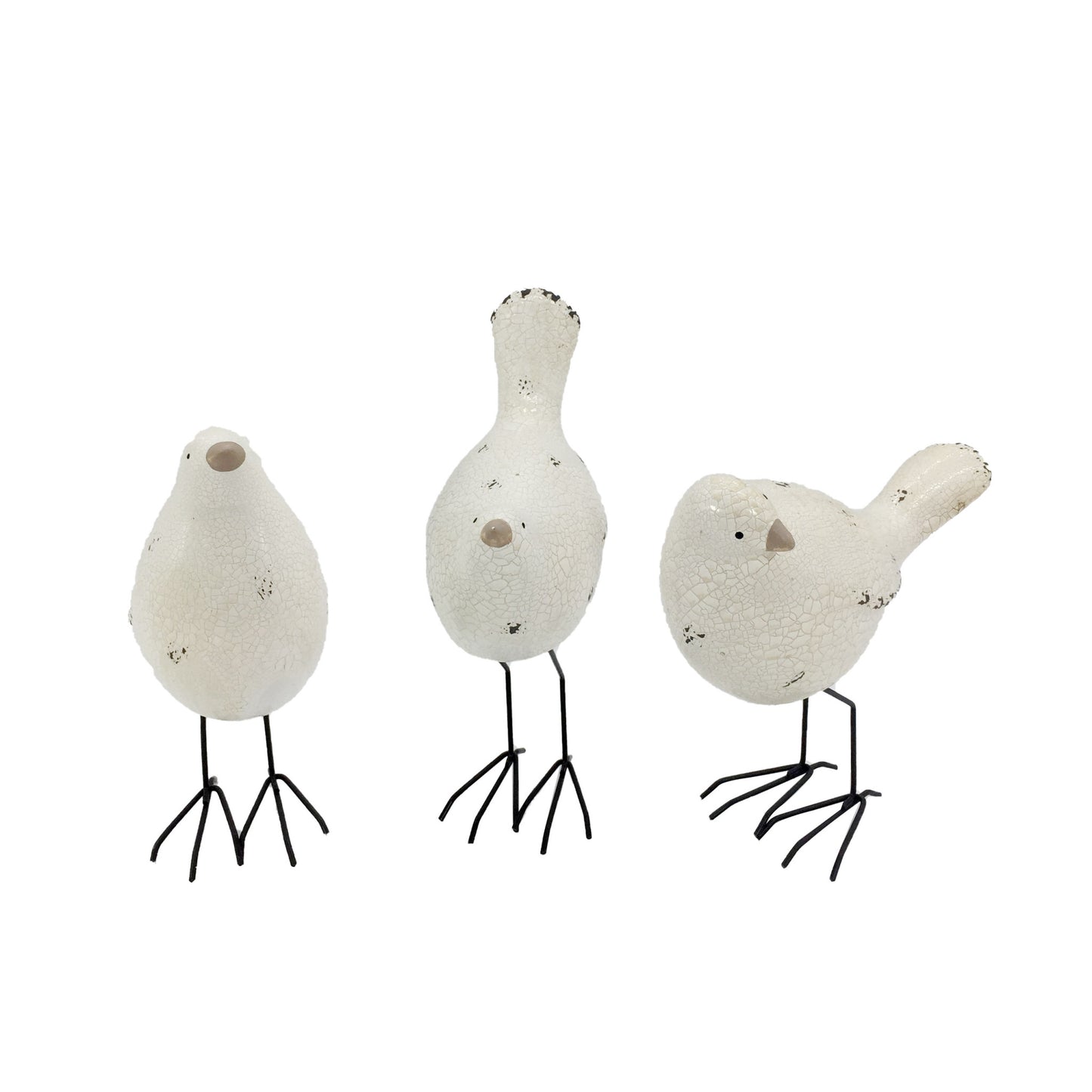 Set of Three White and Black Polyresin and Metal Bird Sculptures