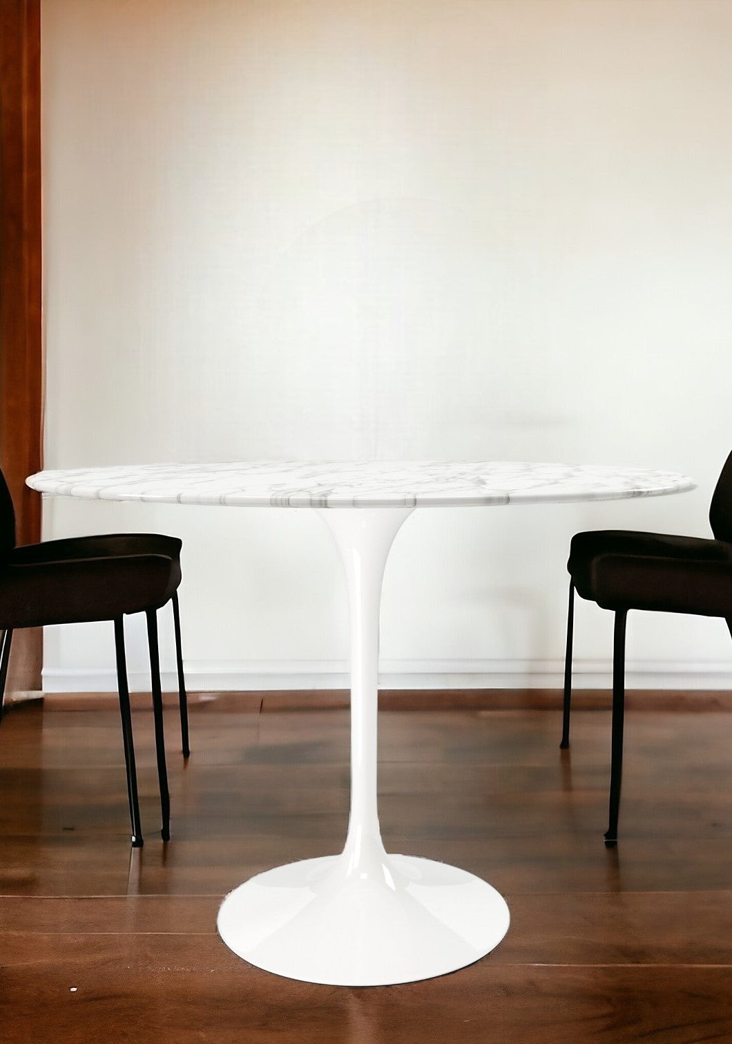 40" White Rounded Stone And Metal Pedestal Base Dining Table