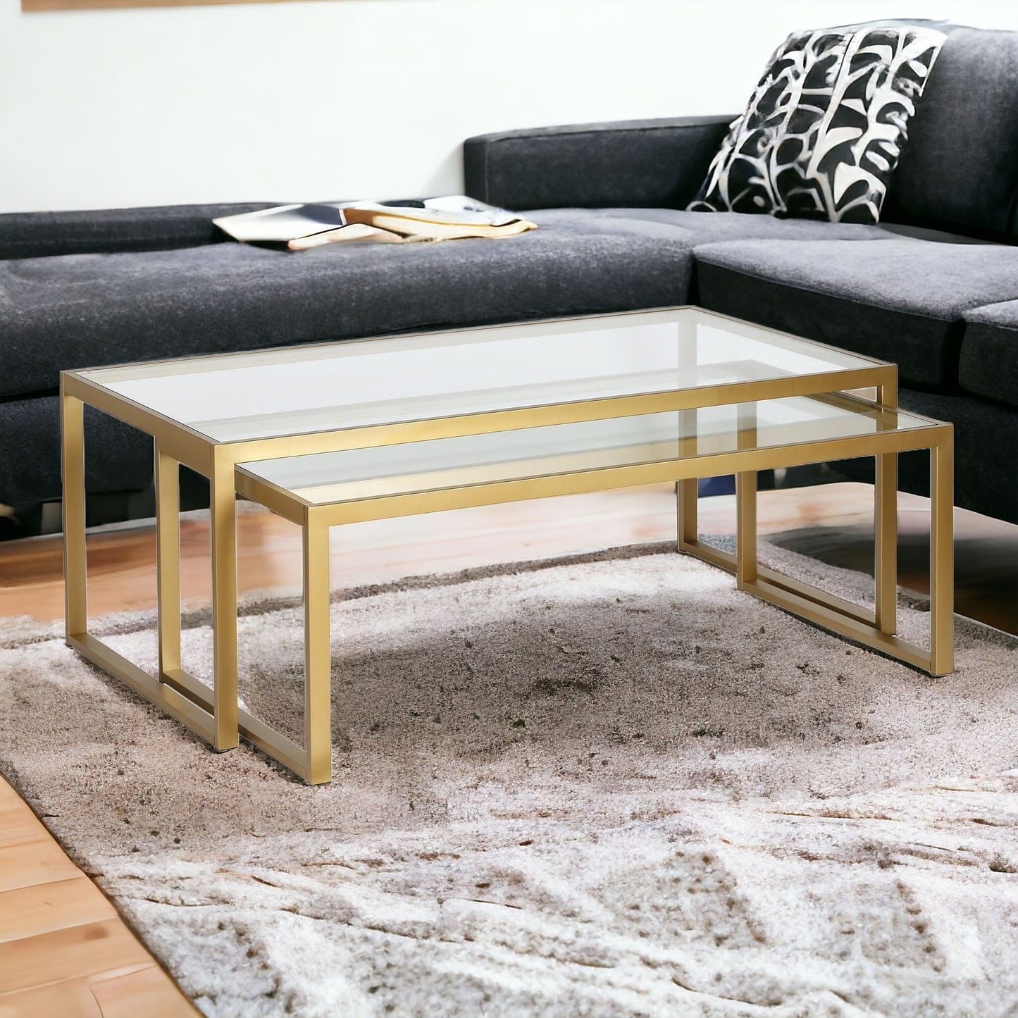 Set of Two 46" Gold Glass And Steel Nested Coffee Tables