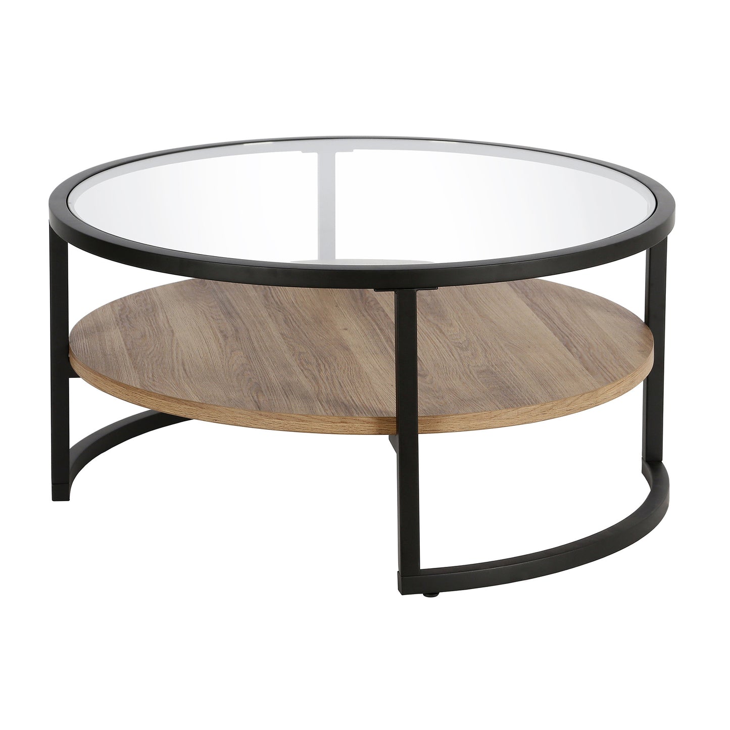 34" Brown And Black Glass And Steel Round Coffee Table With Shelf