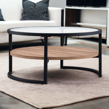 34" Brown And Black Glass And Steel Round Coffee Table With Shelf