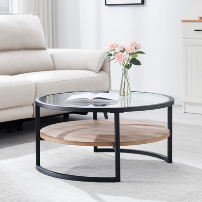 34" Brown And Black Glass And Steel Round Coffee Table With Shelf